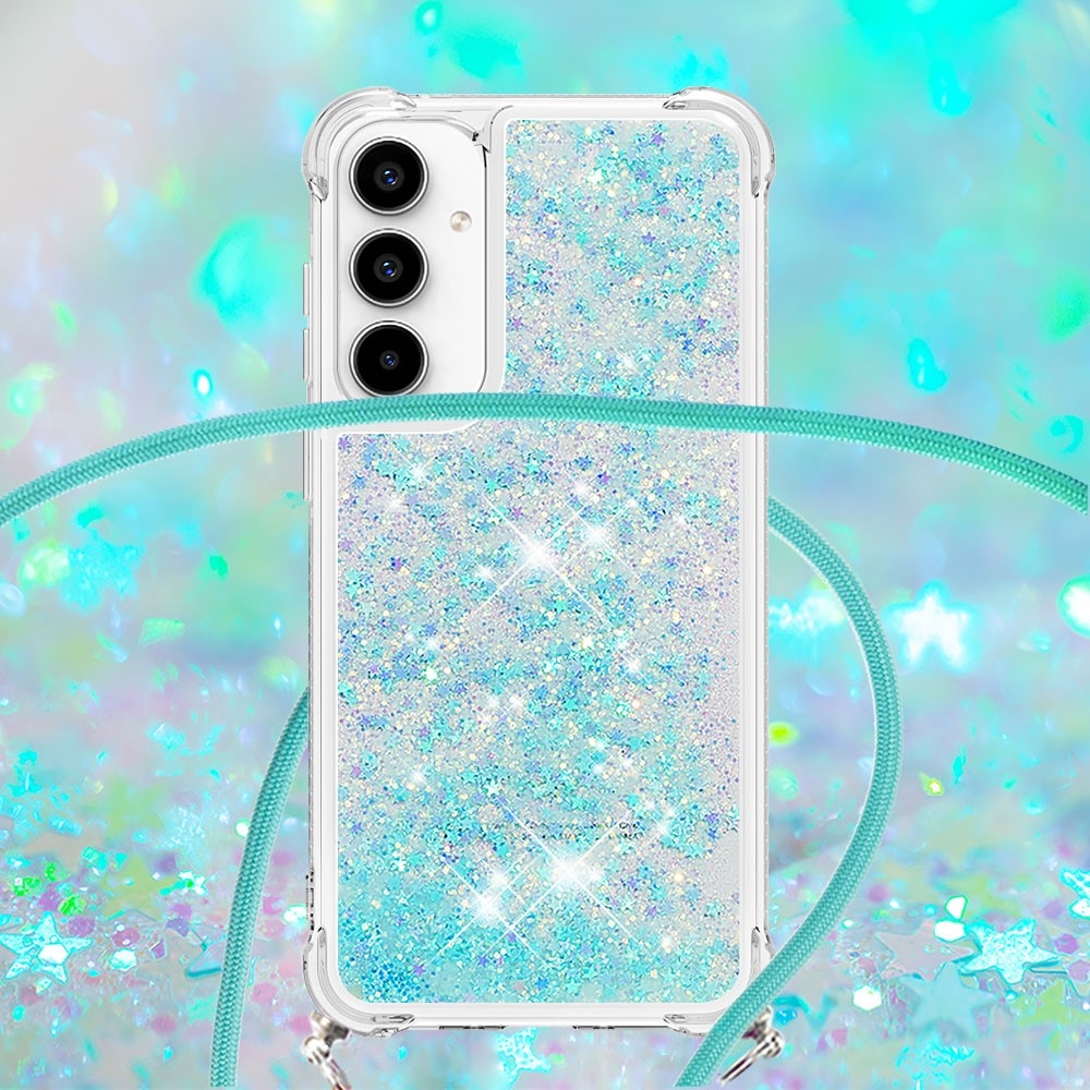Glitters přesýpací gelový obal se šňůrkou na Samsung Galaxy A56 5G - modrý/hvězdičky