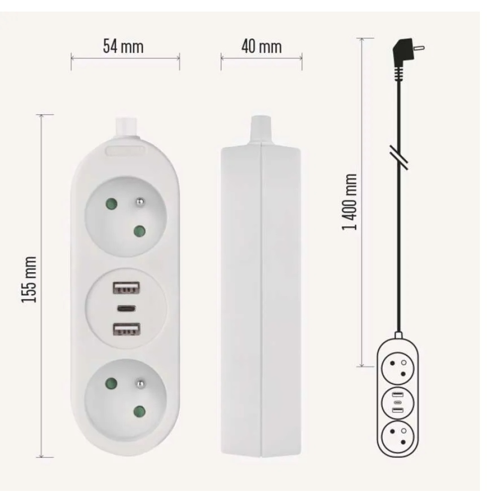 Prodlužovací kabel 1,4 m / 2 zásuvky+2×USB-A+1×USB-C / bílý / PVC / 1,5 mm2