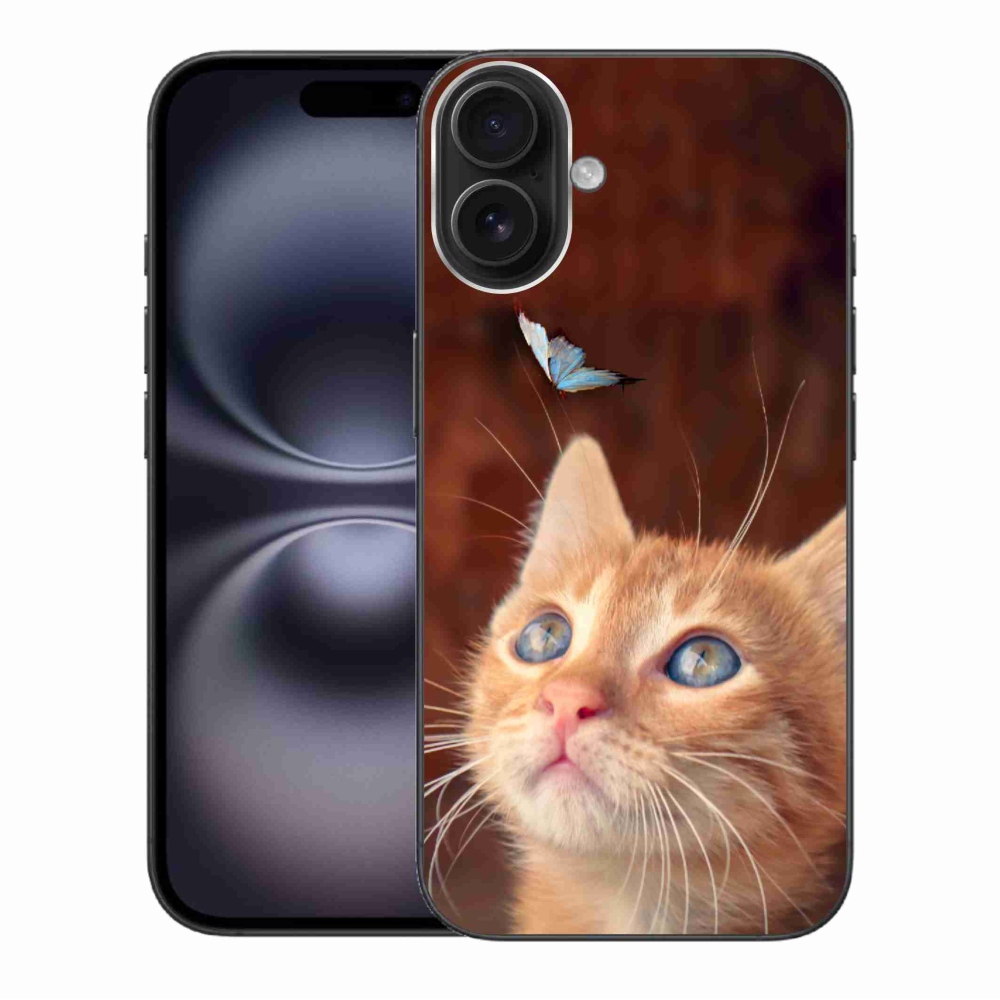Gelový kryt mmCase na iPhone 16 Plus - motýl a kotě