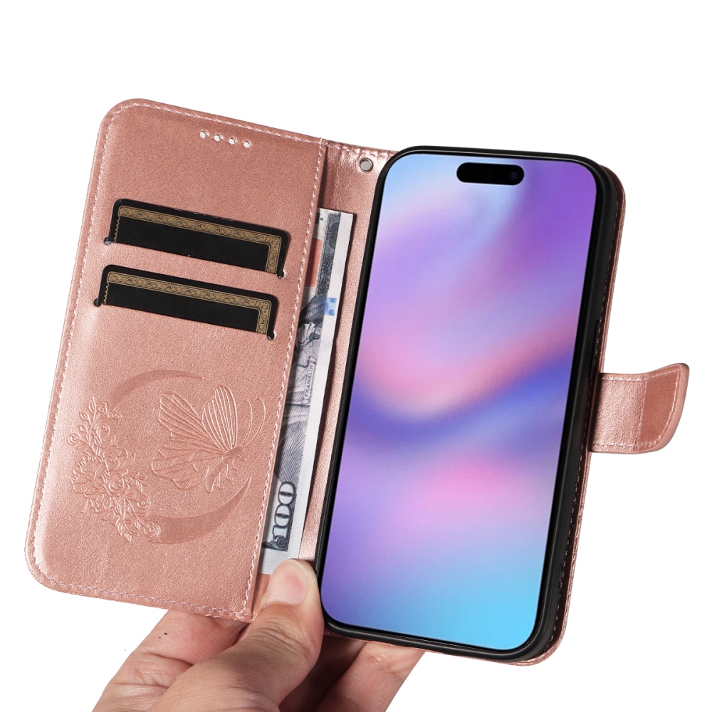 Floral Butterfly knížkové pouzdro na iPhone 17 - růžovozlaté