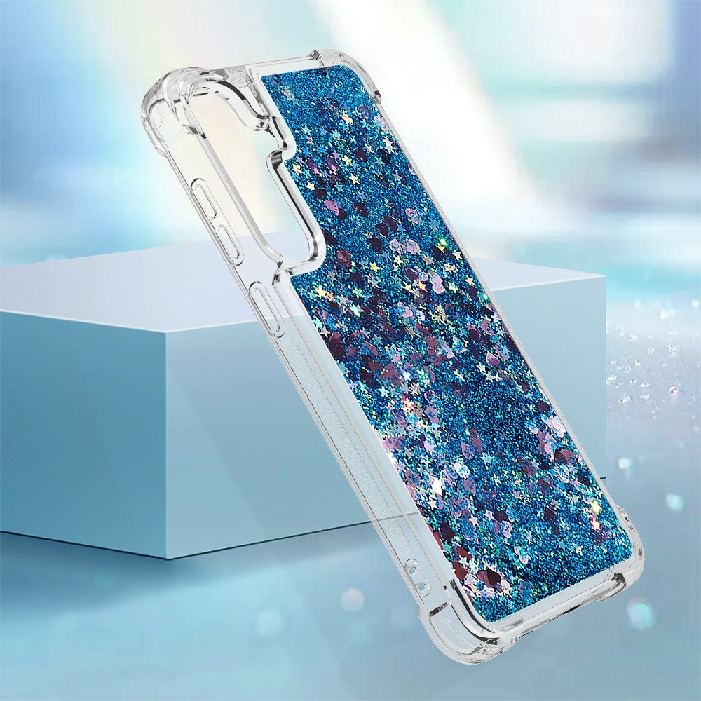 Glitter přesýpací gelový obal na mobil Samsung Galaxy S24+ - modrý/srdíčka