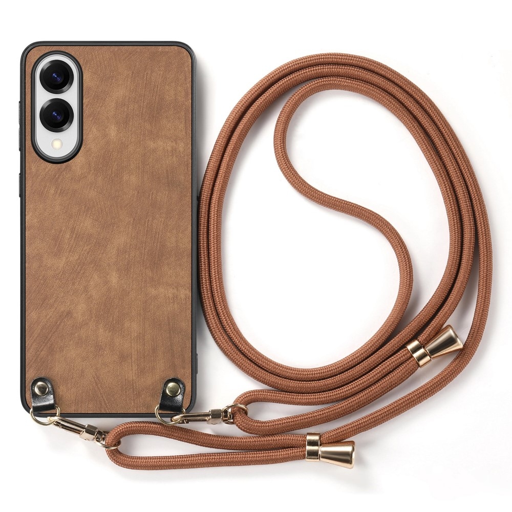 Retro gelový obal se šňůrkou a s umělou kůží na Samsung Galaxy S25 Edge - hnědý