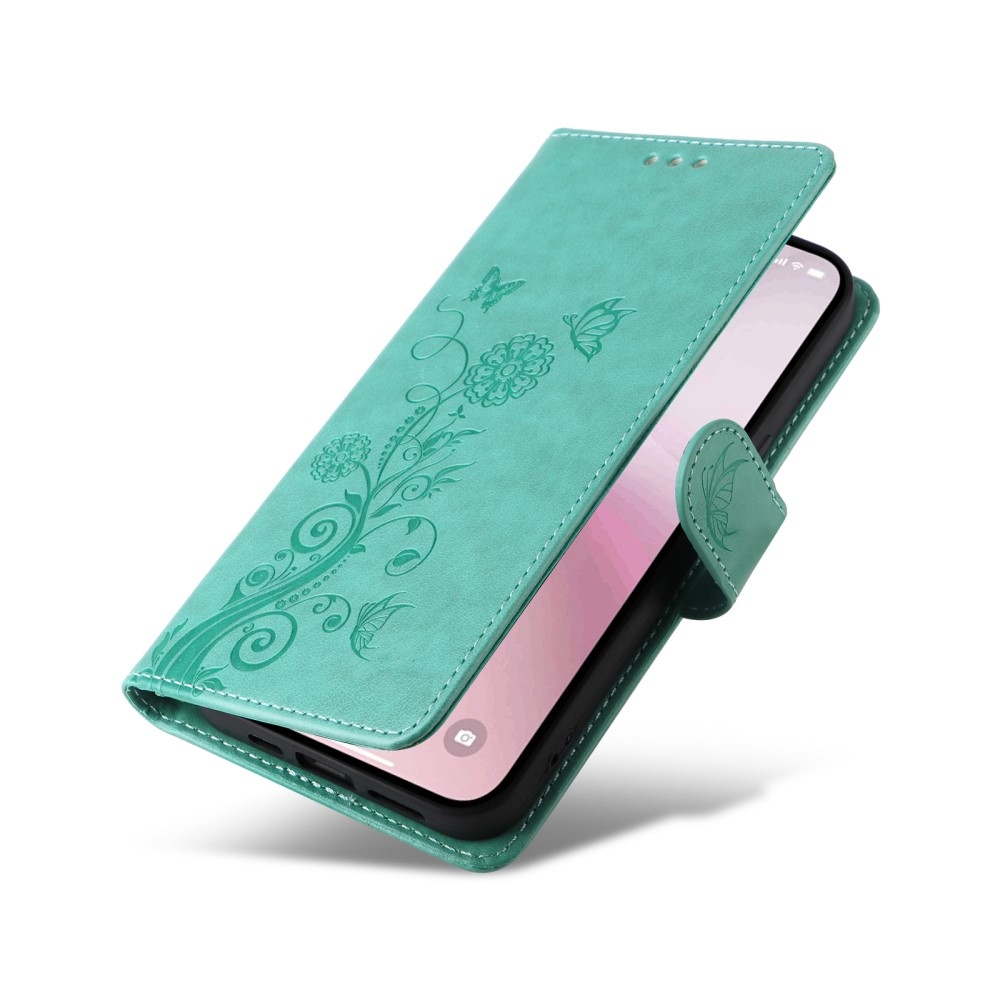 Flowery knížkové pouzdro na iPhone 16e - modrozelené