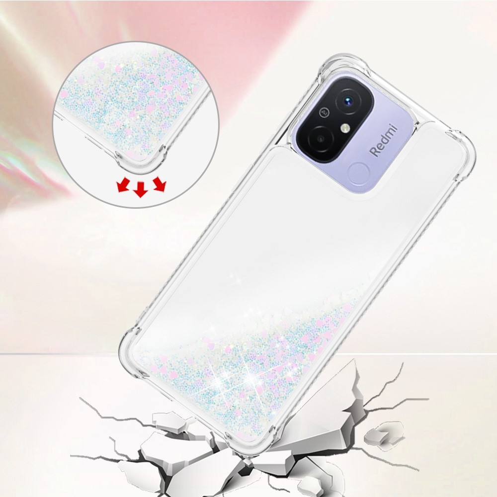 Glitter přesýpací gelový obal na Xiaomi Redmi 12C - růžovostříbrný/srdíčka
