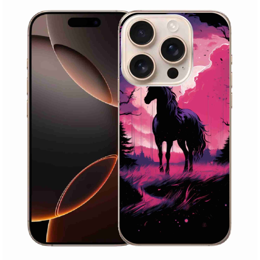 Gelový kryt mmCase na iPhone 16 Pro Max - černý kreslený kůň 1