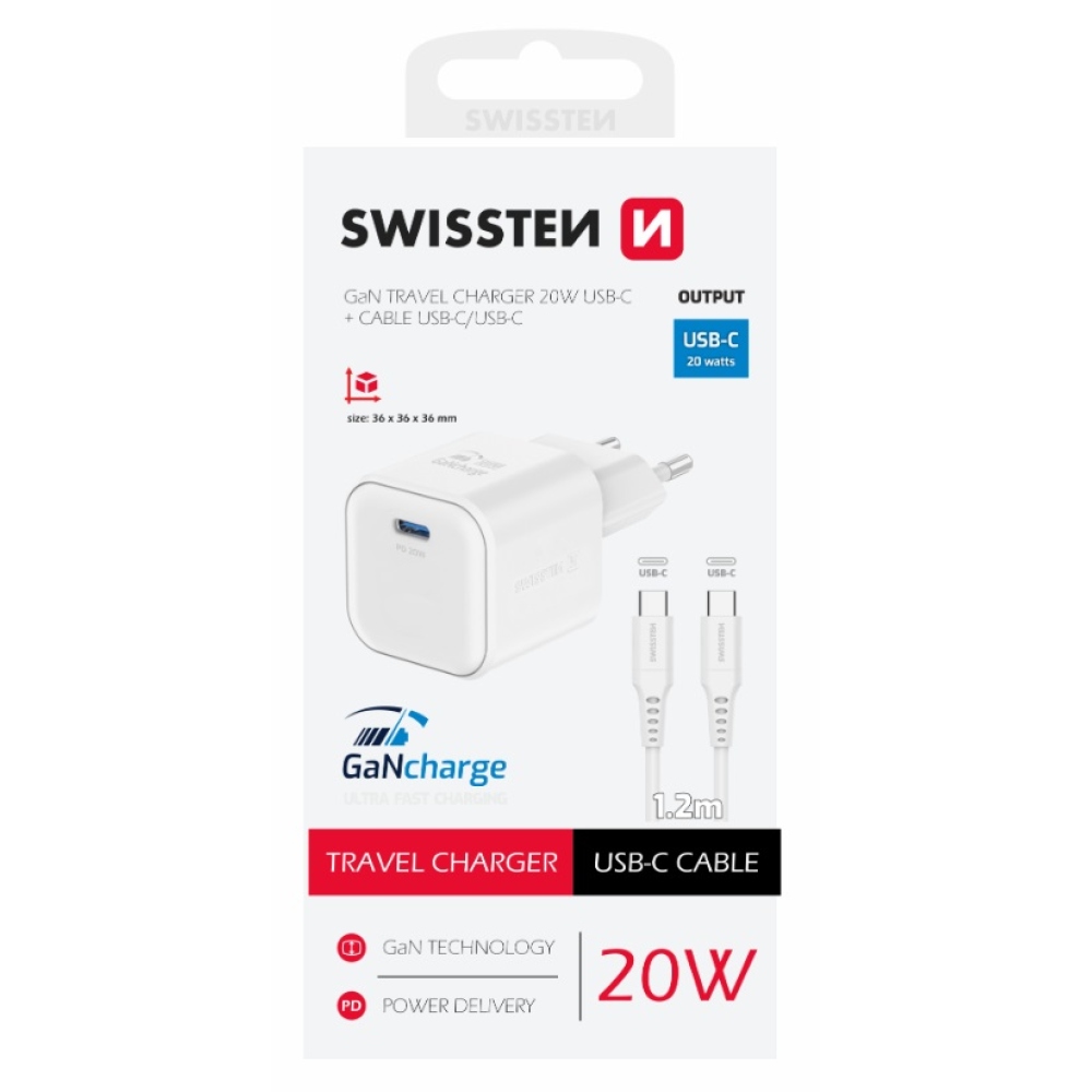 Nabíječka Swissten GaN 1x USB-C 20W Power Delivery + kabel USB-C/USB-C 1,2m - bílá