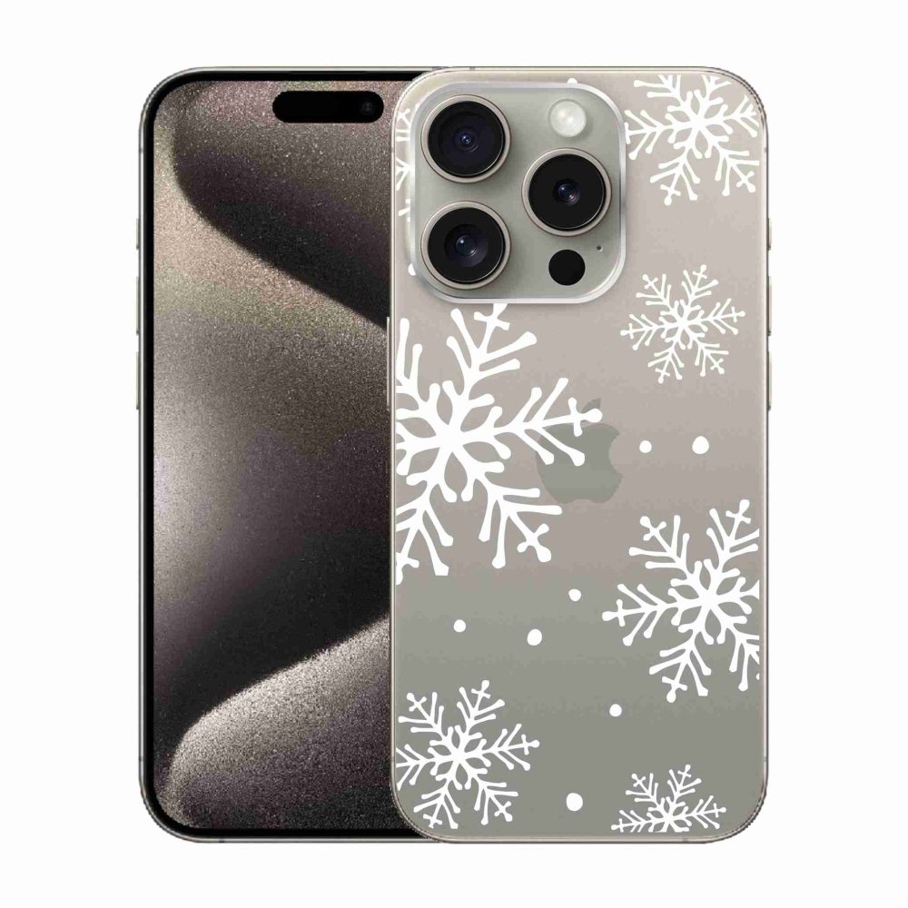 Gelový kryt mmCase na iPhone 15 Pro - bílé vločky na průhledném pozadí
