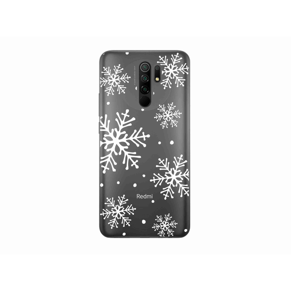 Gelový kryt mmCase na Xiaomi Redmi 9 - bílé vločky na průhledném pozadí