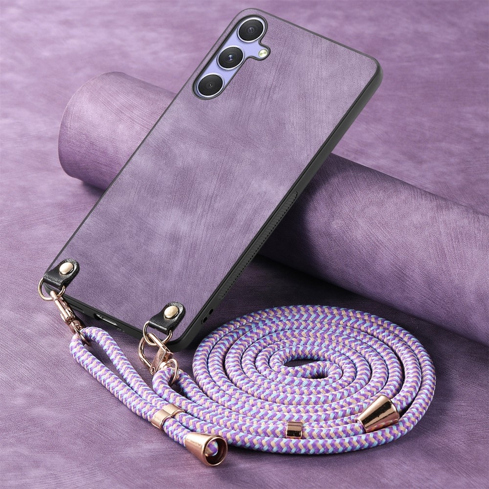 Retro gelový obal se šňůrkou a s umělou kůží na Samsung Galaxy A26 5G - fialový
