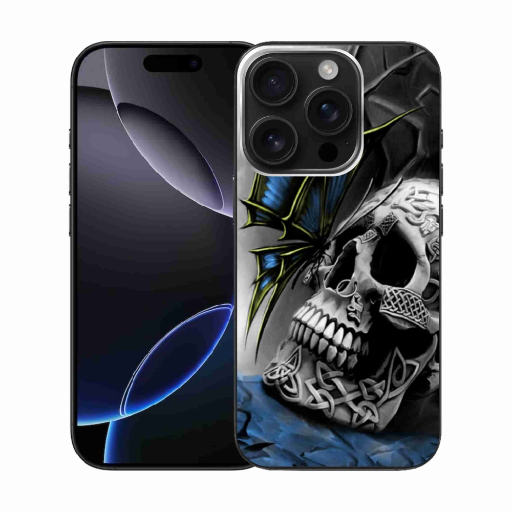 Gelový kryt mmCase na iPhone 16 Pro - motýl a lebka
