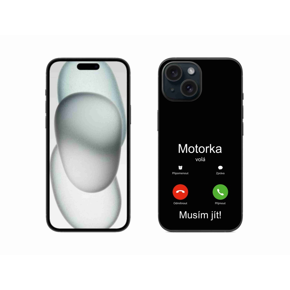 Gelový kryt mmCase na iPhone 15 - motorka volá černé pozadí