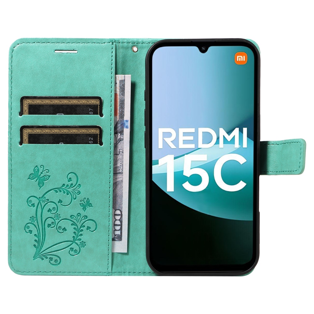 Big Butterfly knížkové pouzdro na Xiaomi Redmi 15C 4G/5G (173mm) - modrozelené