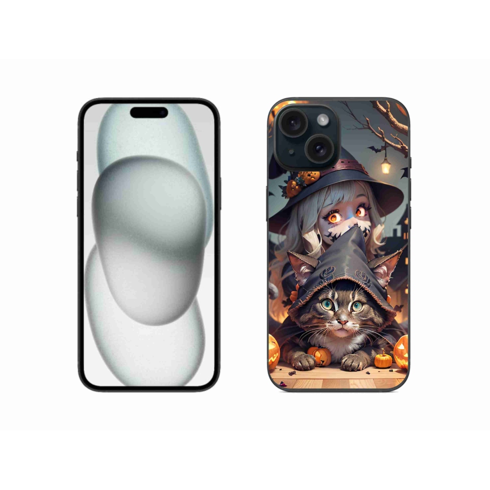 Gelový kryt mmCase na iPhone 15 - čarodějnice s kočkou