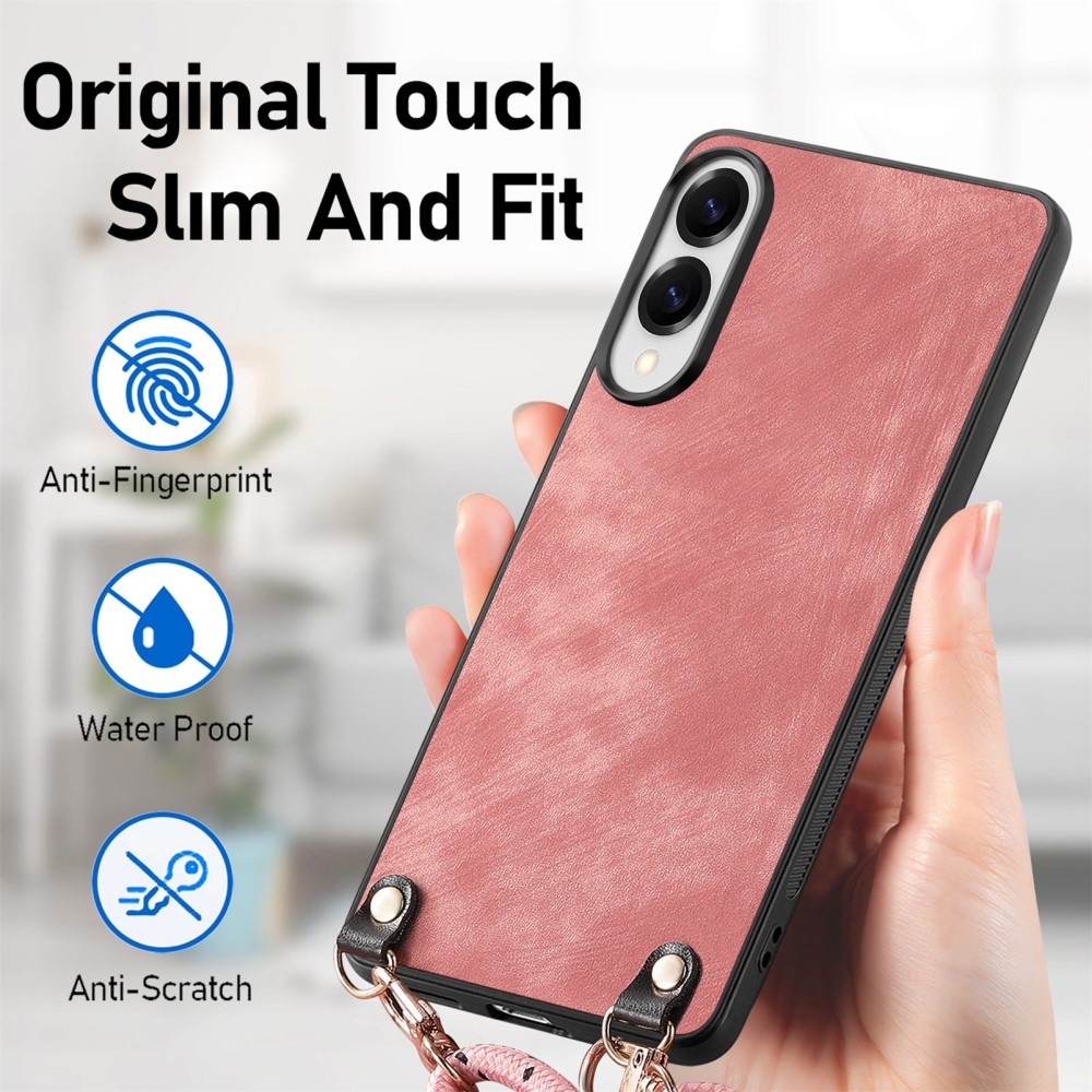 Retro gelový obal se šňůrkou a s umělou kůží na Samsung Galaxy S25 Edge - růžový