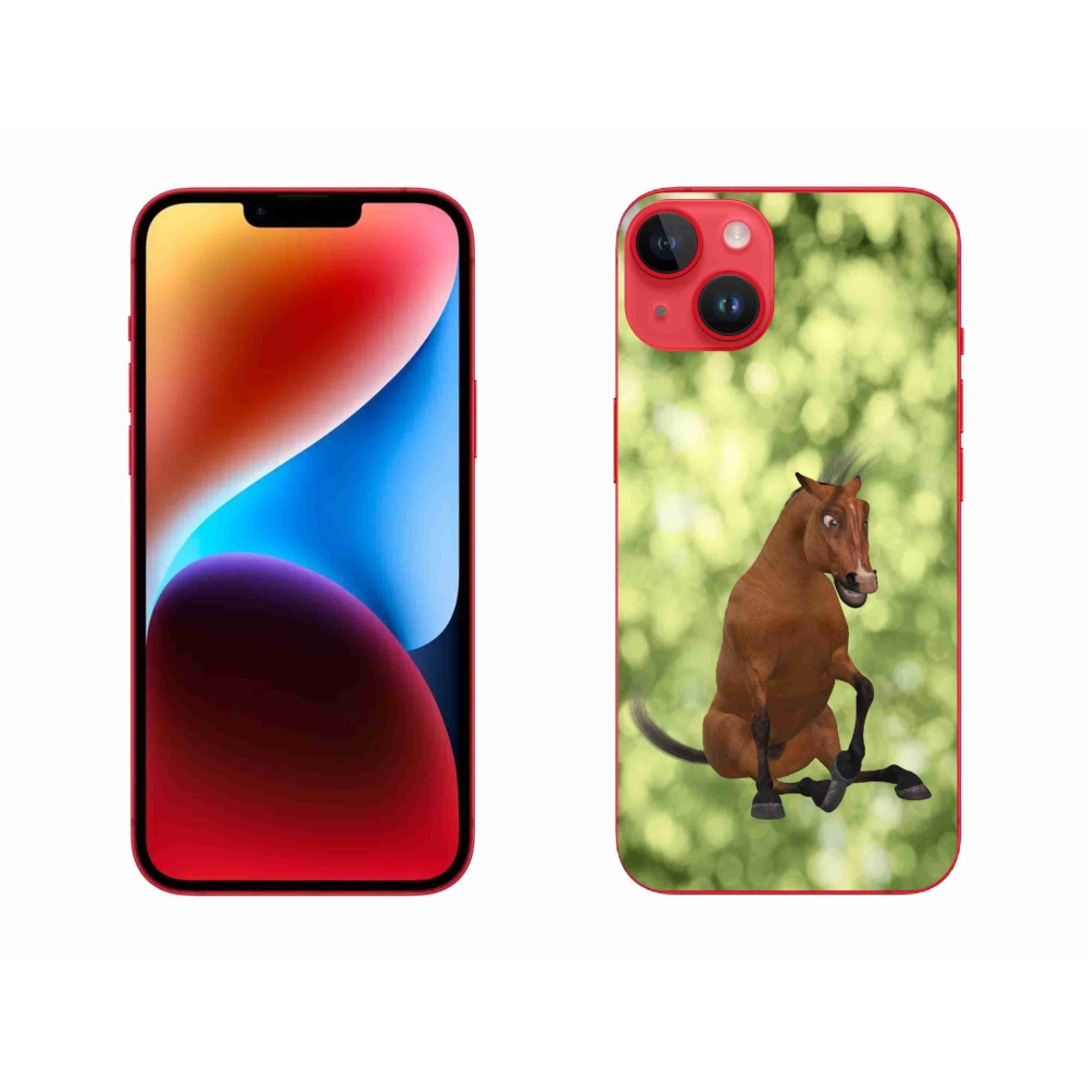 Gelový kryt mmCase na iPhone 14 Plus - hnědý kreslený kůň 1