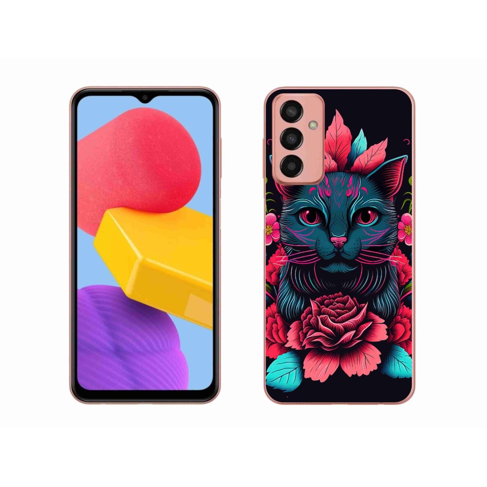 Gelový kryt mmCase na Samsung Galaxy M13 - květiny a kočka