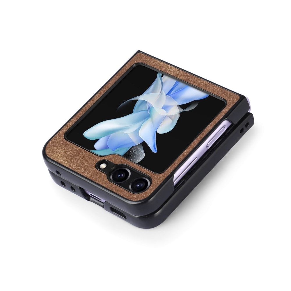 Vintage plastový kryt s umělou kůží na Samsung Galaxy Z Flip6 5G - hnědý
