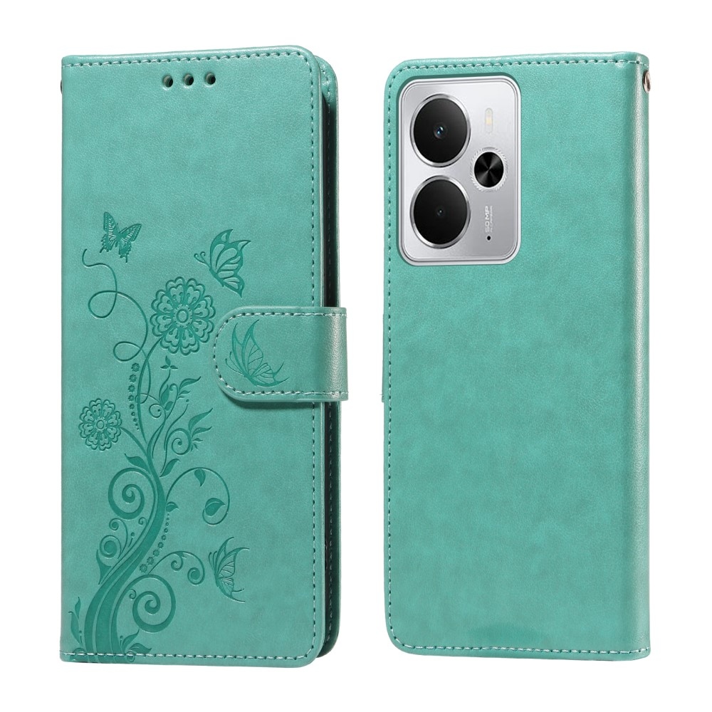 Flowery knížkové pouzdro na Realme 14 5G - modrozelené