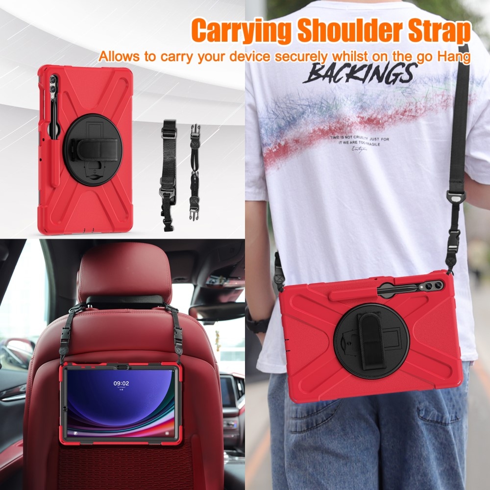 Strap odolný kryt s úchopem na ruku a popruhem na Samsung Galaxy Tab S10+/S9+/S9 FE+/S8+/S7+ - červený