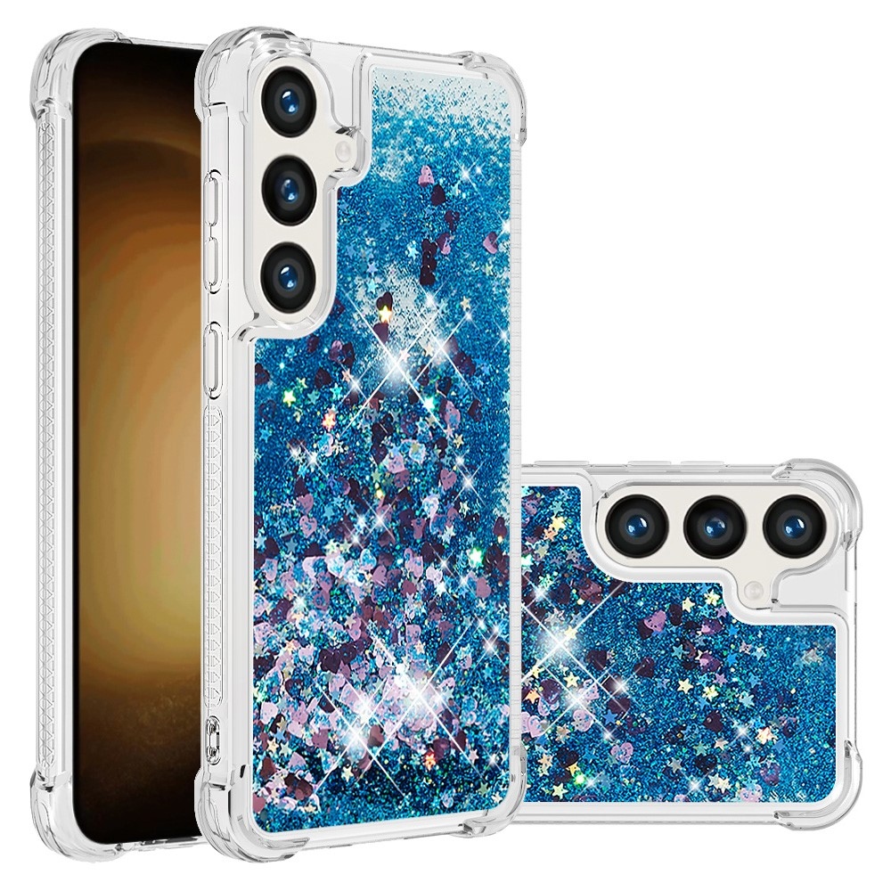 Glitter přesýpací gelový obal na mobil Samsung Galaxy S24+ - modrý/srdíčka