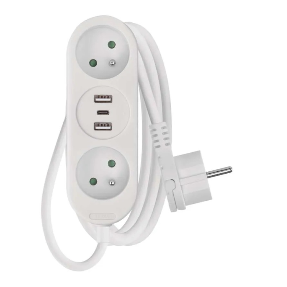 Prodlužovací kabel 1,4 m / 2 zásuvky+2×USB-A+1×USB-C / bílý / PVC / 1,5 mm2