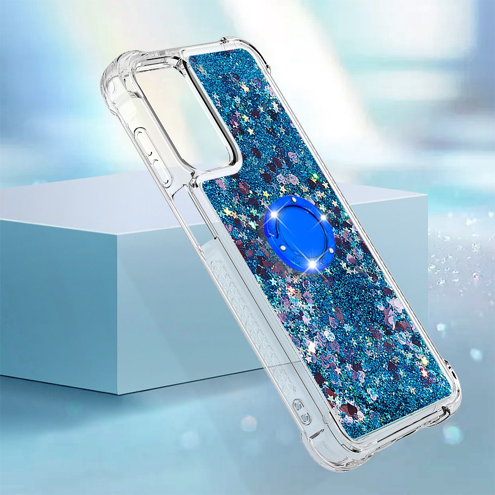 Glitt přesýpací gelový obal s kroužkem na prst na Samsung Galaxy A17 5G - modrý/srdíčka