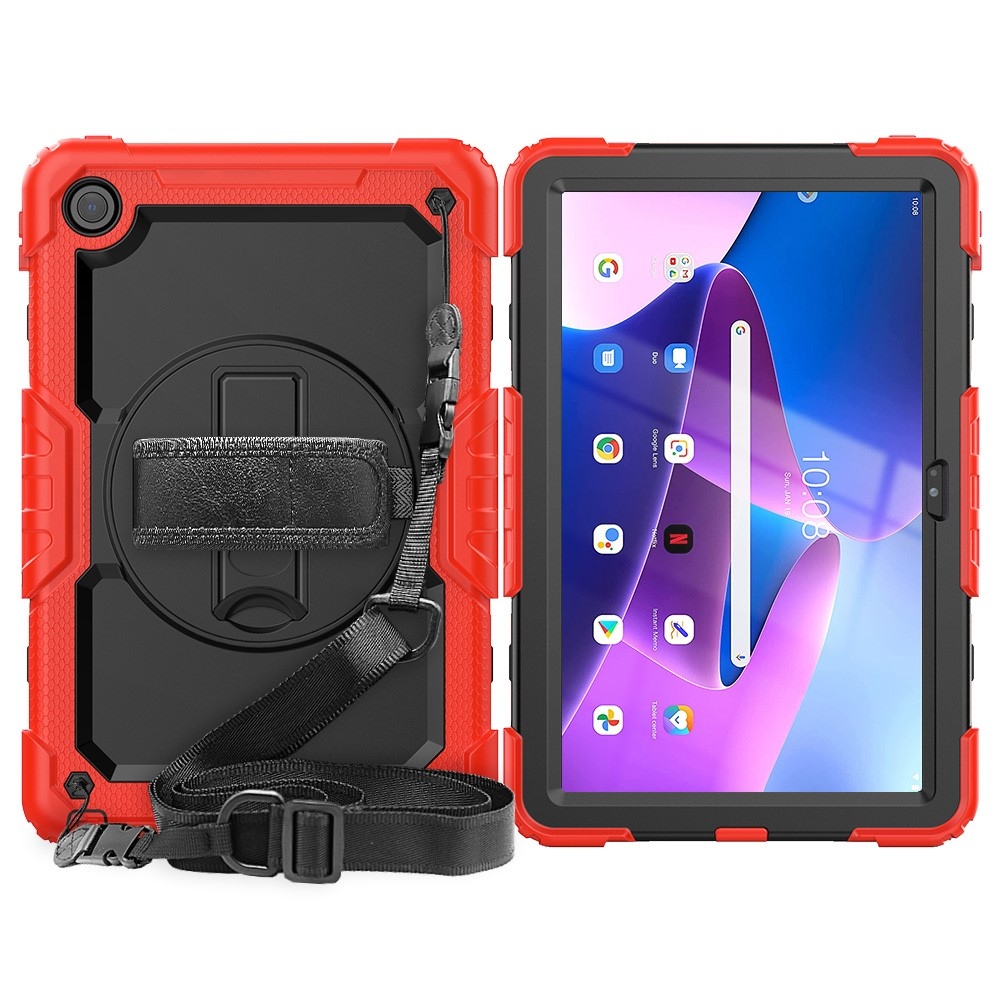Hybridní pouzdro s držákem na ruku a ramenním popruhem na tablet Lenovo Tab M10 Plus (3. Gen) - červené