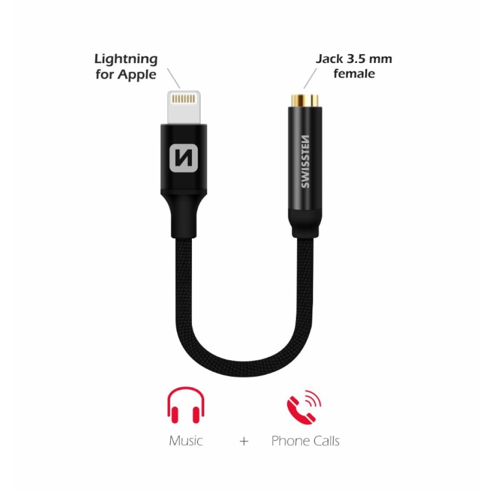 Audio redukce Swissten textile Lightning /JACK(samice) 0,15 m - černá