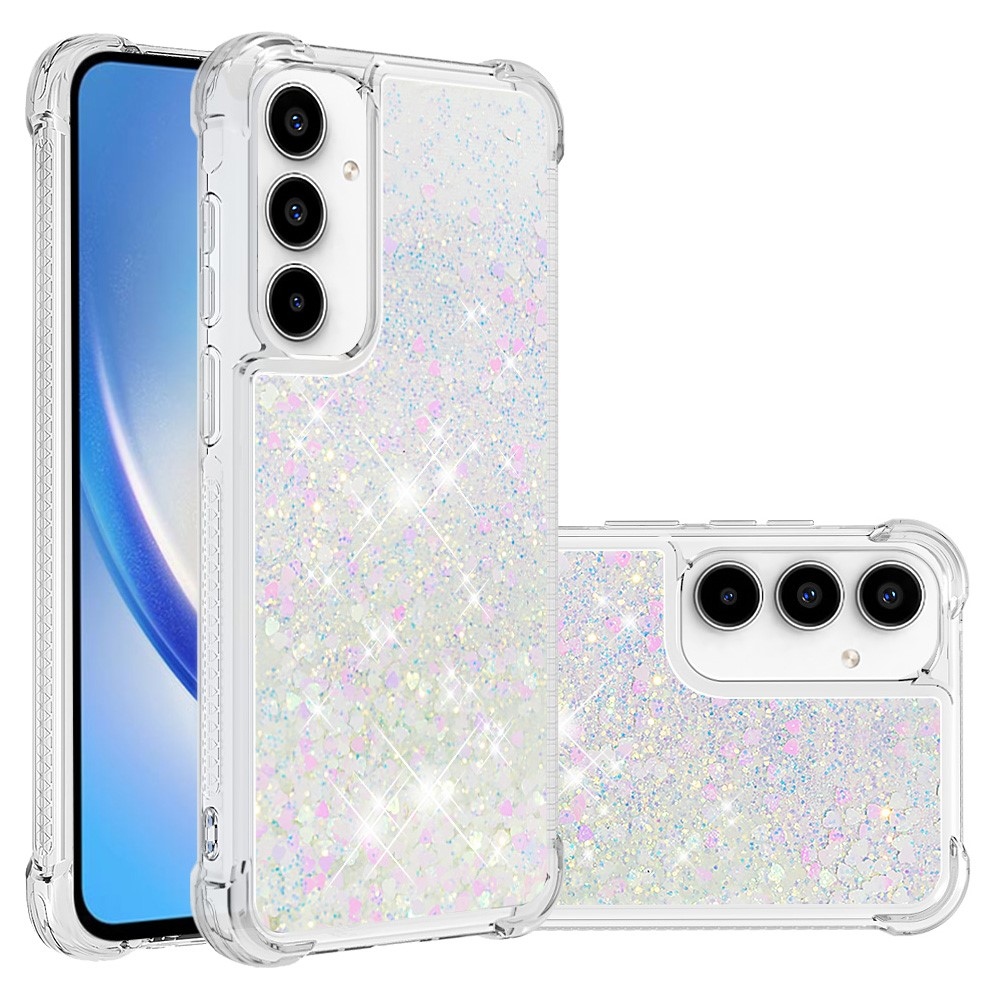 Glitter gelový přesýpací obal na Samsung Galaxy A55 5G - růžovostříbrný/srdíčka