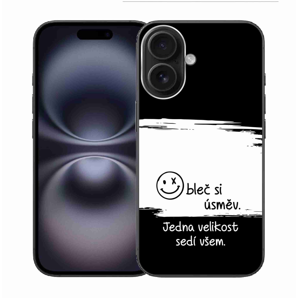 Gelový kryt mmCase na iPhone 16 - vtipný text 8 bíločerné pozadí