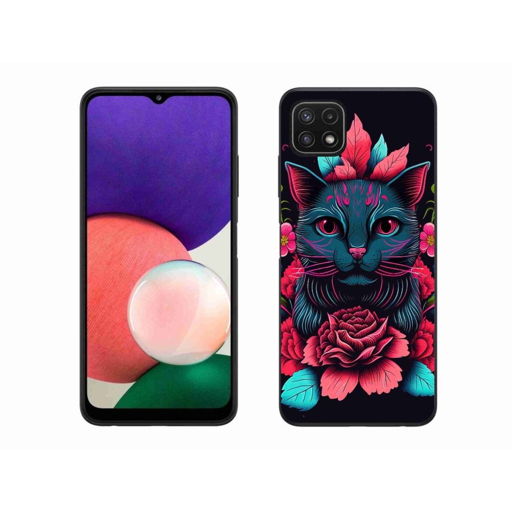 Gelový kryt mmCase na Samsung Galaxy A22 5G - květiny a kočka