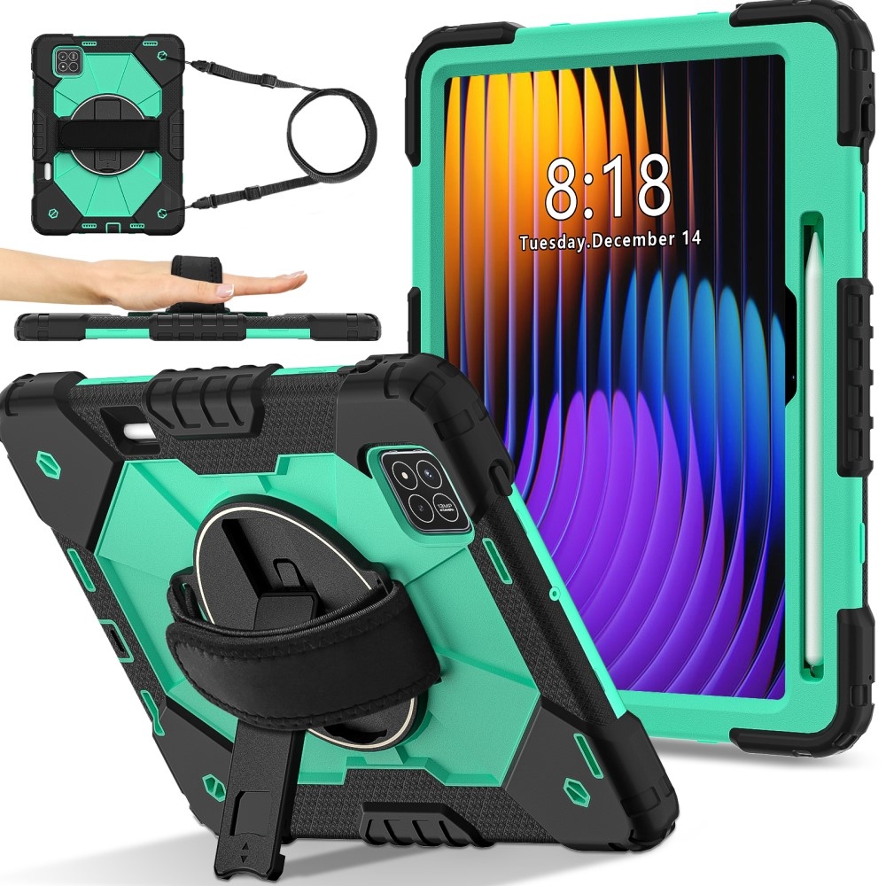 Strap odolný kryt s držákem na ruku a ramenním popruhem na Xiaomi Pad 7/7 Pro - černý/modrozelený