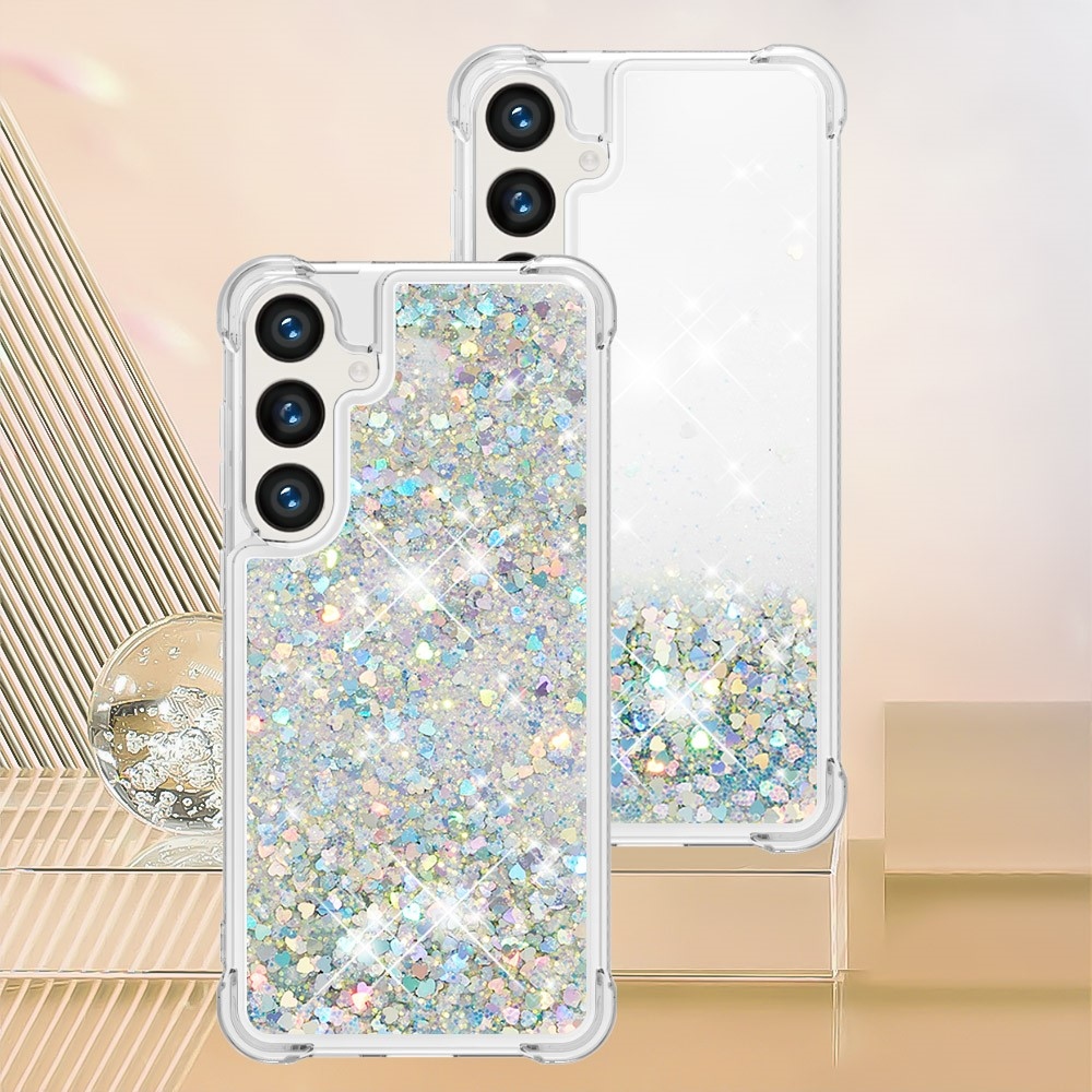 Glitter přesýpací gelový obal na mobil Samsung Galaxy S24+ - stříbrný/srdíčka