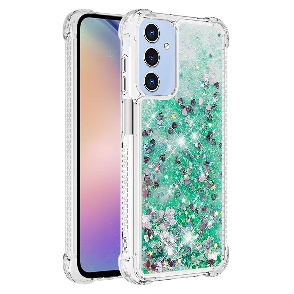 Glitter přesýpací gelový obal na Samsung Galaxy A26 5G - zelený/srdíčka