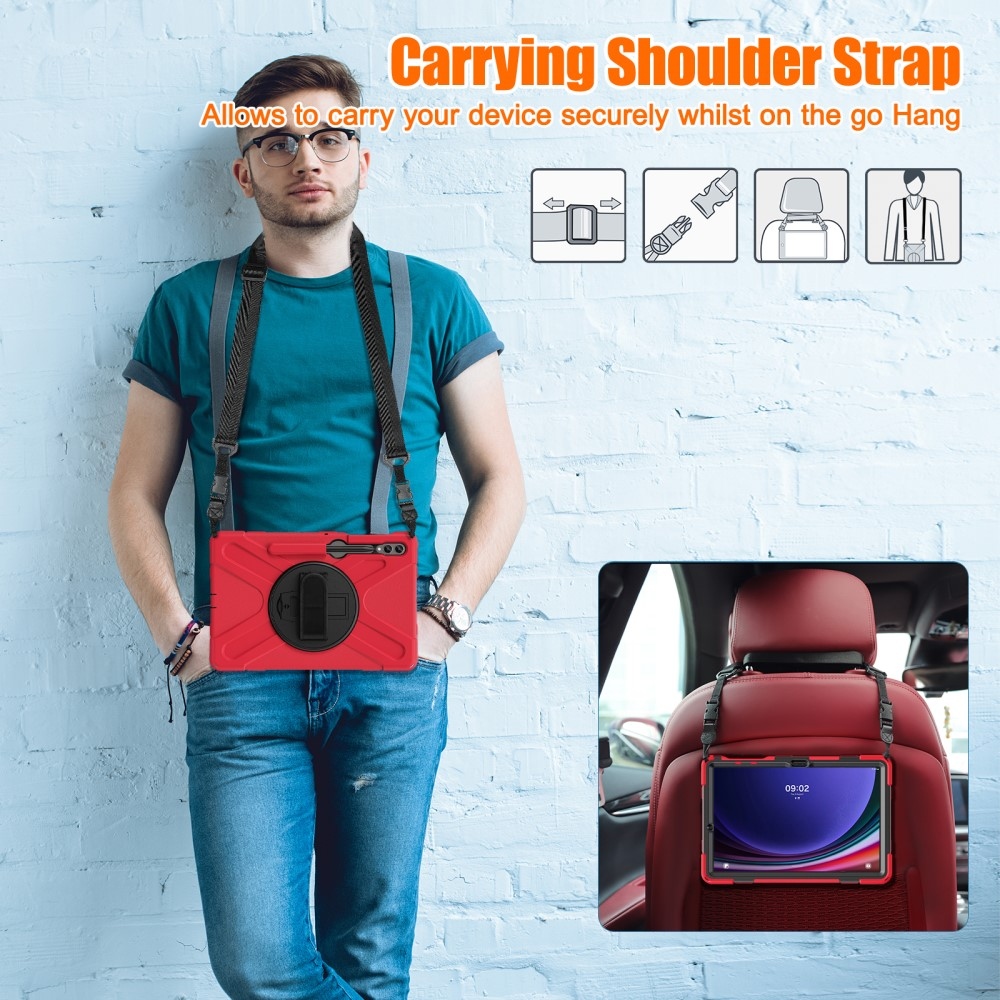 Strap odolný kryt s úchopem na ruku a popruhem na Samsung Galaxy Tab S10+/S9+/S9 FE+/S8+/S7+ - červený