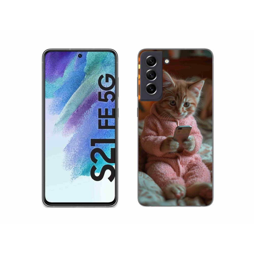 Gelový kryt mmCase na Samsung Galaxy S21 FE 5G - kotě s mobilem
