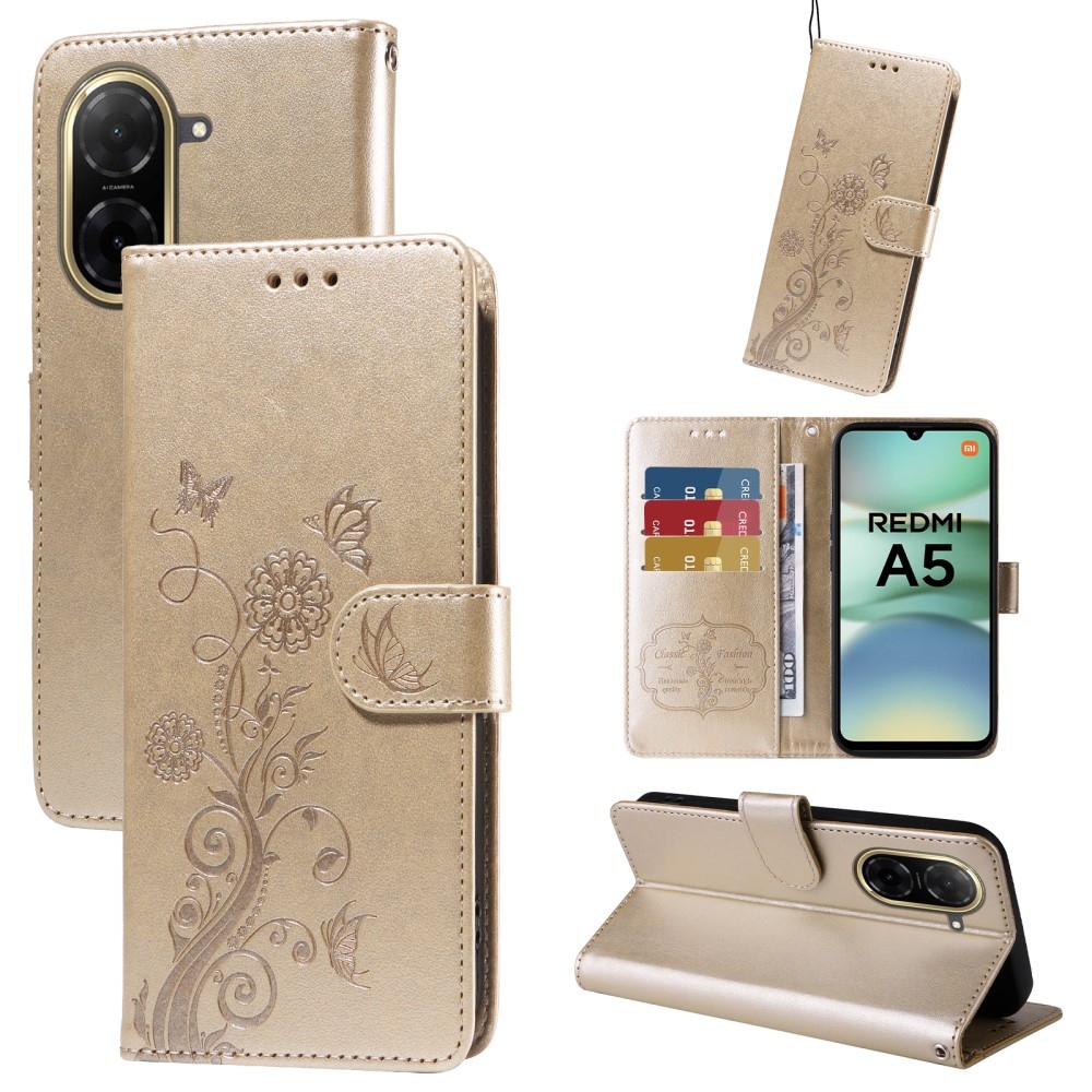 Flowery knížkové pouzdro na Xiaomi Redmi A5 (173.45x79.35x8.45mm) - zlaté
