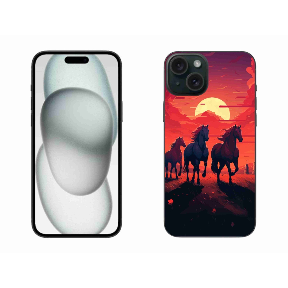 Gelový kryt mmCase na iPhone 15 Plus - koně a západ slunce