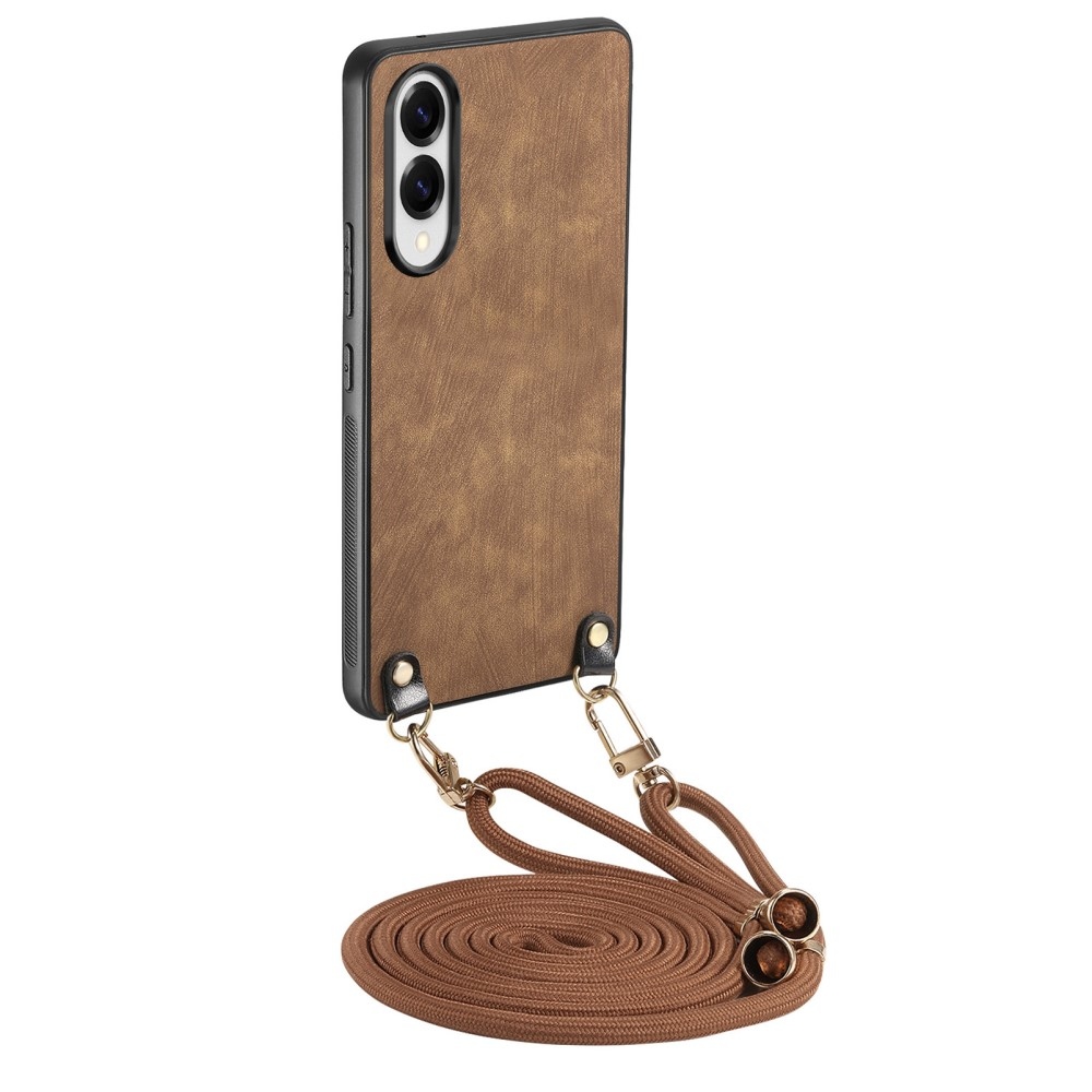 Retro gelový obal se šňůrkou a s umělou kůží na Samsung Galaxy S25 Edge - hnědý