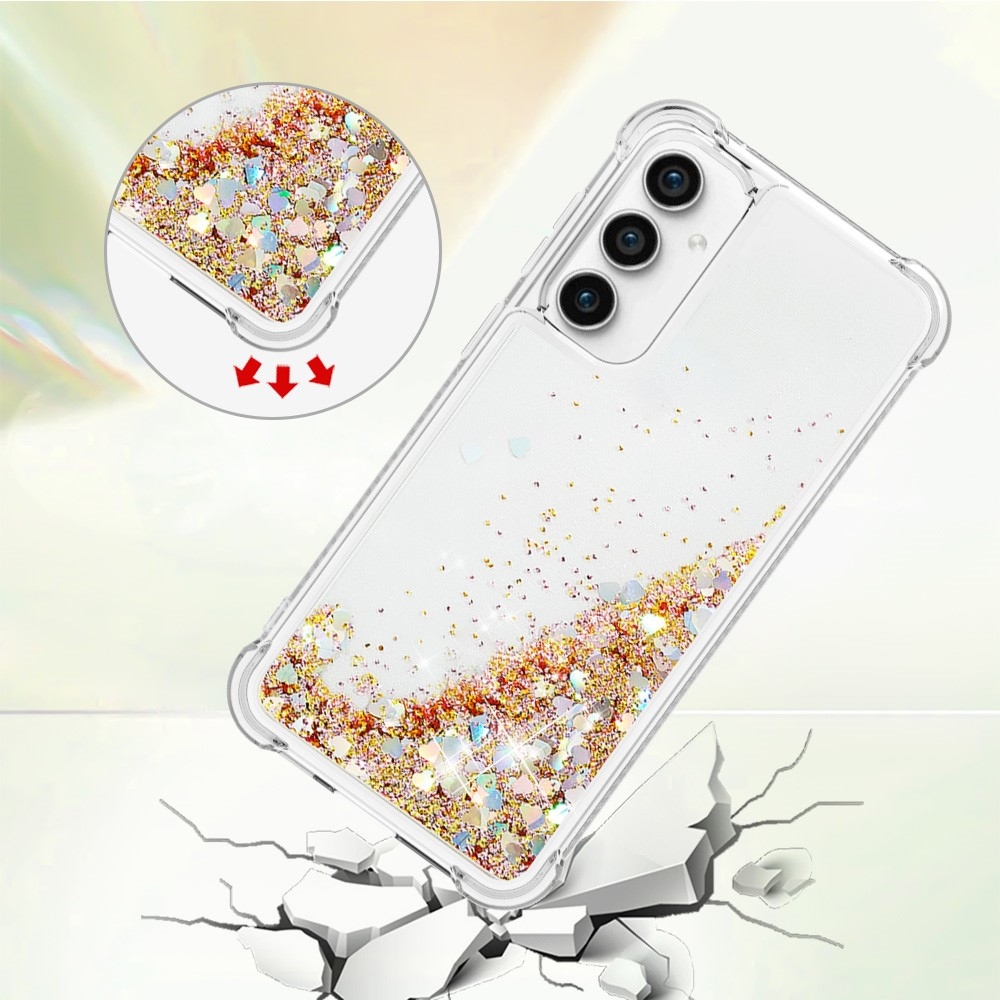 Glitter gelový přesýpací obal na Samsung Galaxy S23 FE - zlatý/srdíčka