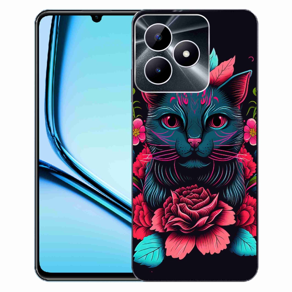 Gelový kryt mmCase na Realme Note 50 - květiny a kočka
