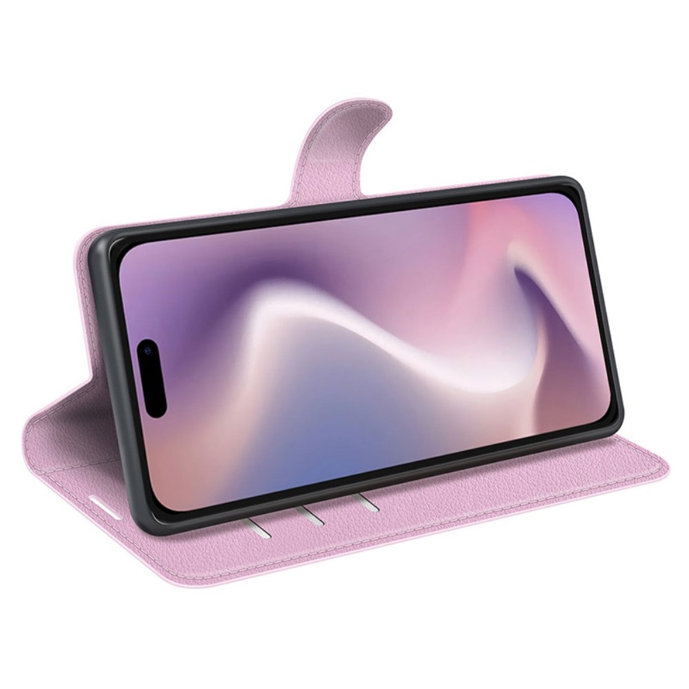 Litchi knížkové pouzdro na iPhone 16 Plus - růžové