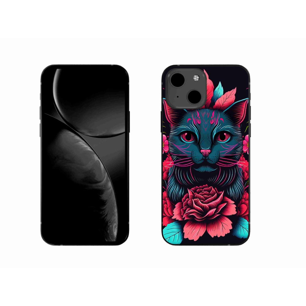 Gelový kryt mmCase na iPhone 13 - květiny a kočka