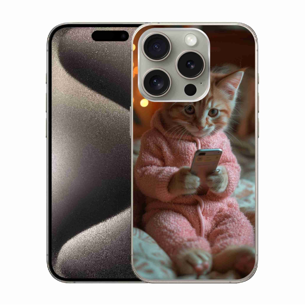 Gelový kryt mmCase na iPhone 15 Pro - kotě s mobilem