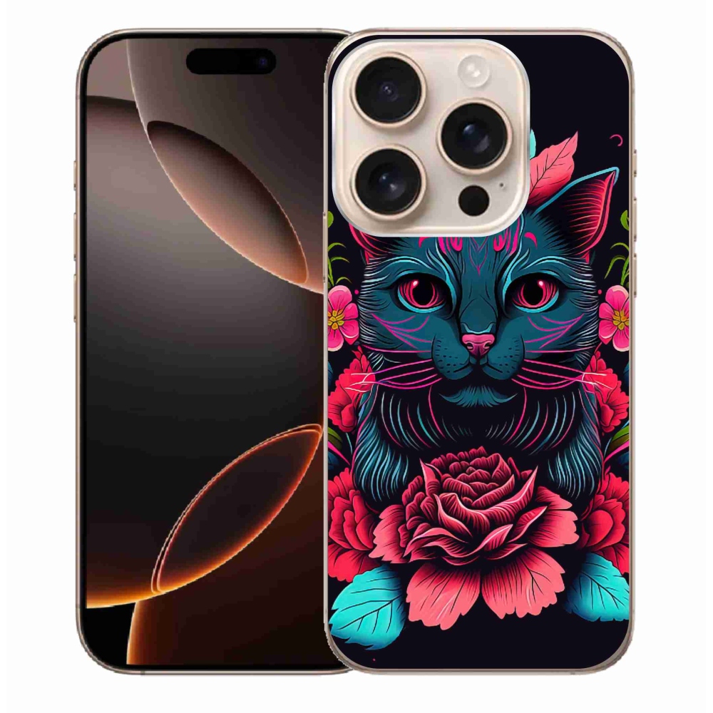Gelový kryt mmCase na iPhone 16 Pro Max - květiny a kočka