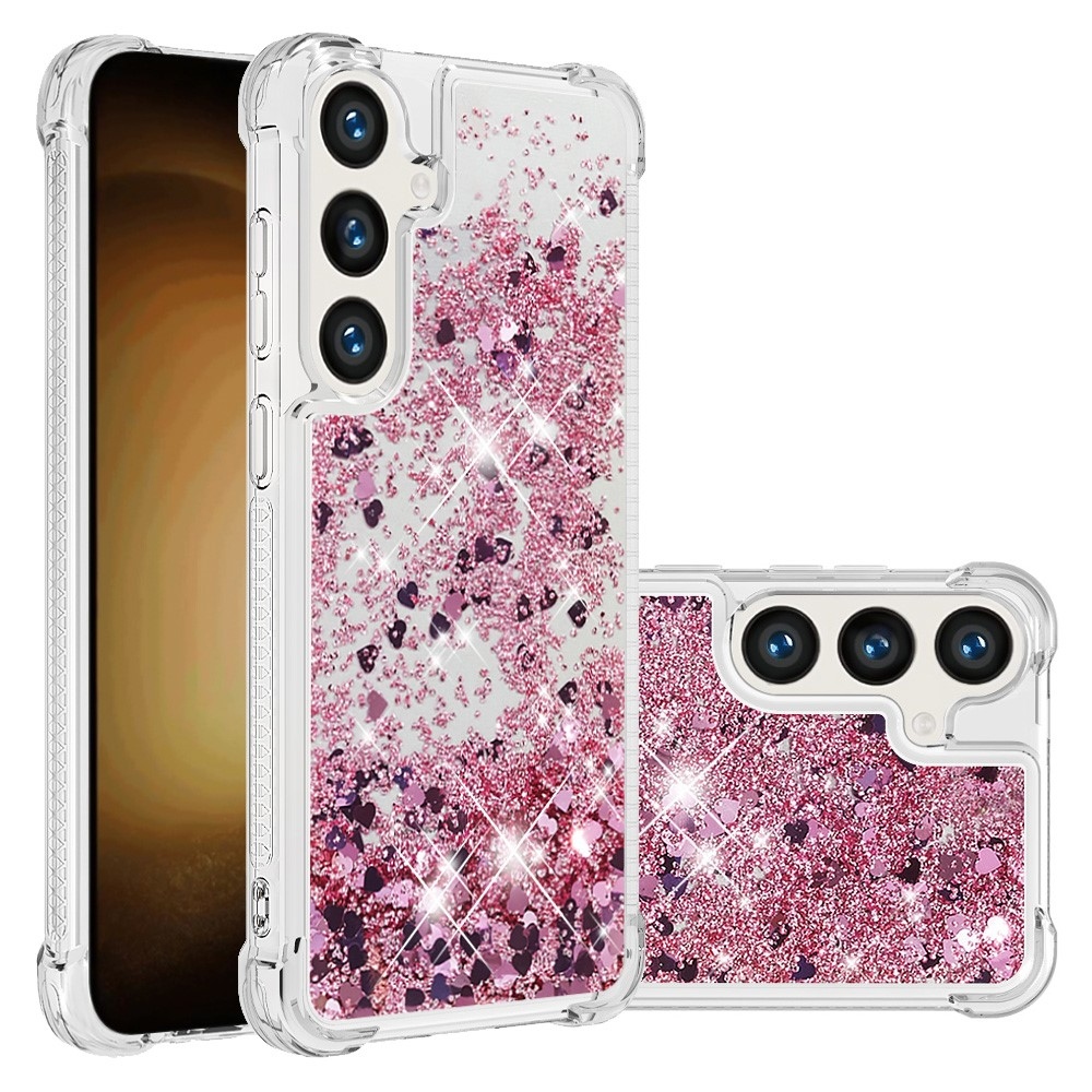 Glitter přesýpací gelový obal na Samsung Galaxy S24 - růžovozlatý/srdíčka