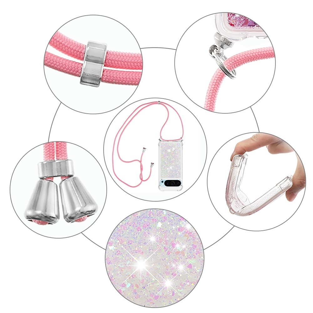 Glitters přesýpací gelový obal se šňůrkou na Google Pixel 10 Pro/Pixel 10 - růžovostříbrný/srdíčka