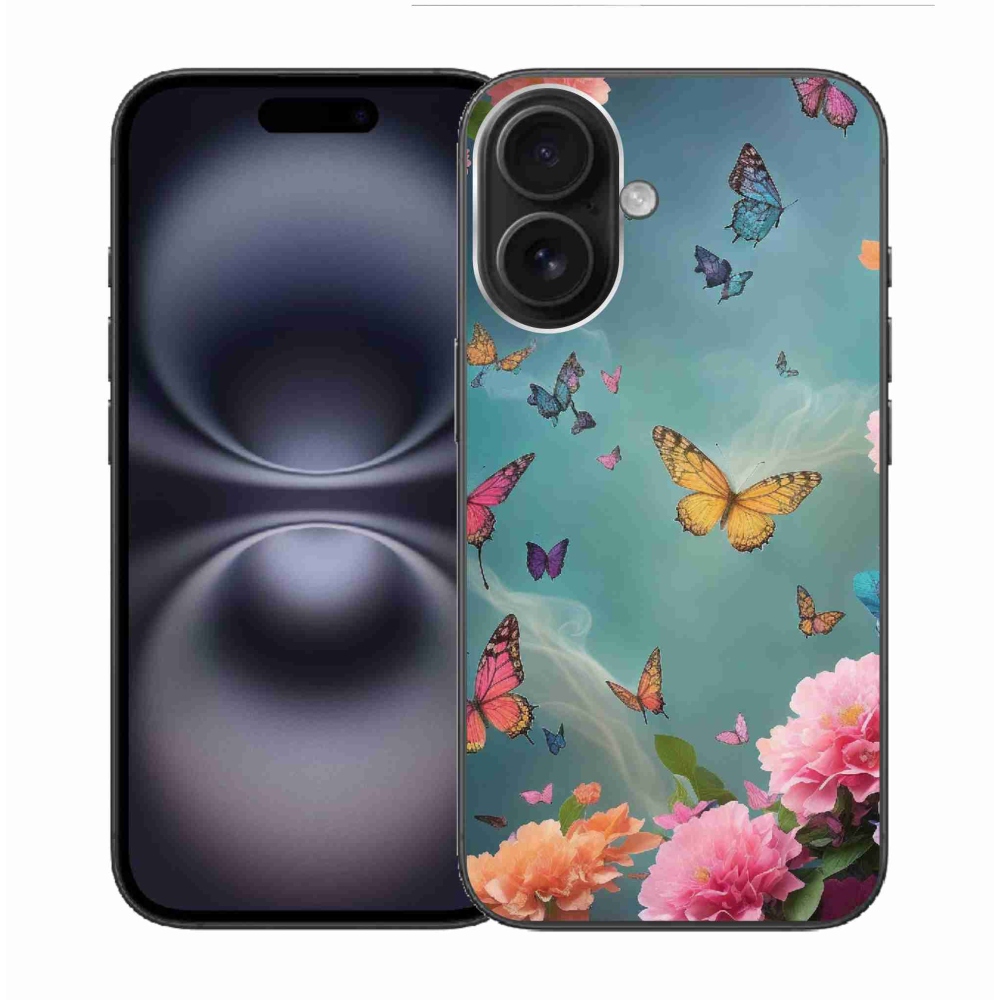 Gelový kryt mmCase na iPhone 16 - barevné květy a motýli