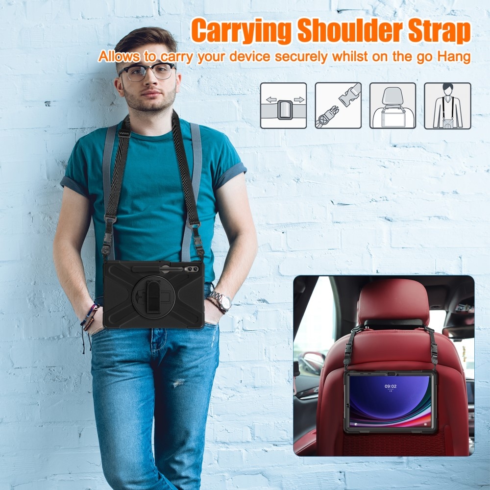 Strap odolný kryt s úchopem na ruku a popruhem na Samsung Galaxy Tab S10+/S9+/S9 FE+/S8+/S7+ - černý