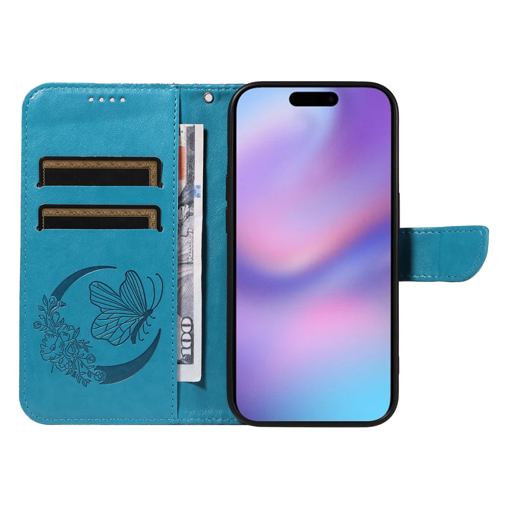 Floral Butterfly knížkové pouzdro na iPhone 17 - modré